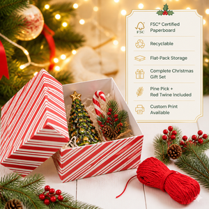 Boîte cadeau de Noël écologique robuste à rayures rouges et blanches, personnalisable <span class=keywords><strong>avec</strong></span> logo, vente en gros, ensemble de pommes de pin décoratives - Product Image 6