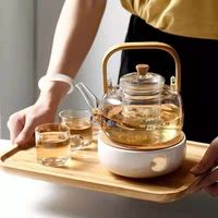 Grande théière en verre borosilicate soufflé à la main, résistante à la chaleur, transparente, personnalisée, unique, 1000 ml, avec poignée en bois