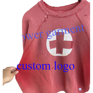 Sudadera personalizada de algodón 100% de alto gramaje, larga, estilo urbano, roja, con lavado vintage, efecto descolorido por el sol, bordado y desgastada, cuello redondo, holgada - Product Image 4
