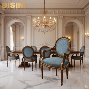 Silla de Comedor Hecha a Mano de Lujo, Inspirada en el Estilo Europeo, con Estructura de Madera Maciza, Adornos de Hoja de Oro y <span class=keywords><strong>Asiento</strong></span> de Terciopelo Azul Vintage - Product Image 3