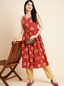 Conjunto indio de algodón puro, Ropa Étnica tradicional para mujer, bordado Kurta de algodón rojo y pantalón Kurta estampado, bordado hecho a mano - Product Image 5