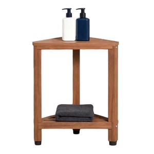 Tabouret de douche triangulaire en teck massif avec étagère de rangement, repose-pieds imperméable et antidérapant pour salle de bain, douche, toilettes, balcon - Product Image 3