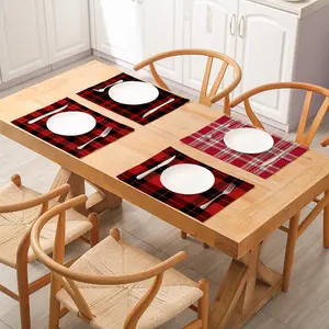 Tatakan Meja Linen Motif Logo Kustom Tatakan Piring Dapur Restoran Kotak-kotak Kerbau Merah dan Hitam untuk Meja Makan Mewah