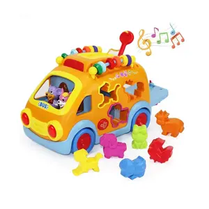 Musical Bus, Push Pull Vehicle Toy, Electronic Car / Gear, Animal Puzzle, Early Development Learning Educational Gift for Baby