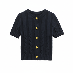 Haute qualité femmes décontracté Chic hauts Vintage à manches courtes boutonné pull à col rond nouvelle mode vêtements d'extérieur tricots pull - Product Image 1