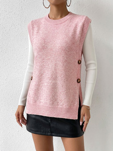 Gilet pull <span class=keywords><strong>sans</strong></span> manches en tricot boutonné pour femme, <span class=keywords><strong>col</strong></span> rond, coupe ample, style décontracté, printemps-automne, vente en gros usine - Product Image 4
