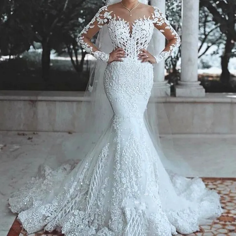 FA250 Sparkly Lace Wedding Dress Mermaid Illusion Bodice vestido de noiva Long Sleeve Sheer Neck Appliques Bridal Gowns 2022