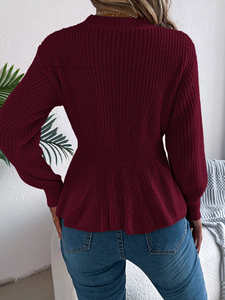 Fall/Winter Solid Color Twisted Waistline Ruffled Long-Sleeve <b>Pullover</b> <b>Sweater</b> Fashion - Product Image 5