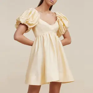 Clothing Supplier Custom Summer Ladies Short Style Elegant Fashion Cotton Linen Backless Puff Sleeves Mini Women Casual Dress