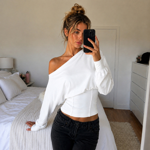 Women Casual Loose Asymmetrical off Shoulder Long Sleeve Crop <b>T</b> <b>Shirt</b> Ruched Waist Solid Color Fashion Top - Product Image 3