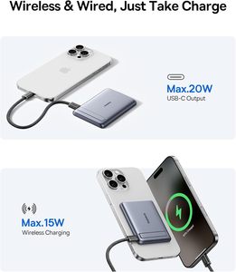 Para Picogo, el Más Pequeño, Certificado, Banco de Energía Magnético Inalámbrico con Cable de 15W 20W, Ultra Delgado de 0.5'', 5000mAh, Aleación/Tipo-C - Product Image 6