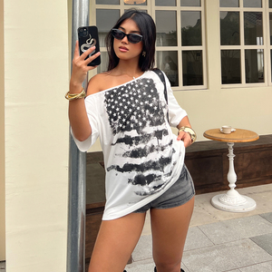 เสื้อยืดผู้หญิงแบบไหล่เฉียงพิมพ์ลายธงชาติอเมริกา สไตล์วินเทจทรงโอเวอร์ไซส์แนวสตรีทฮิปฮอป - Product Image 4