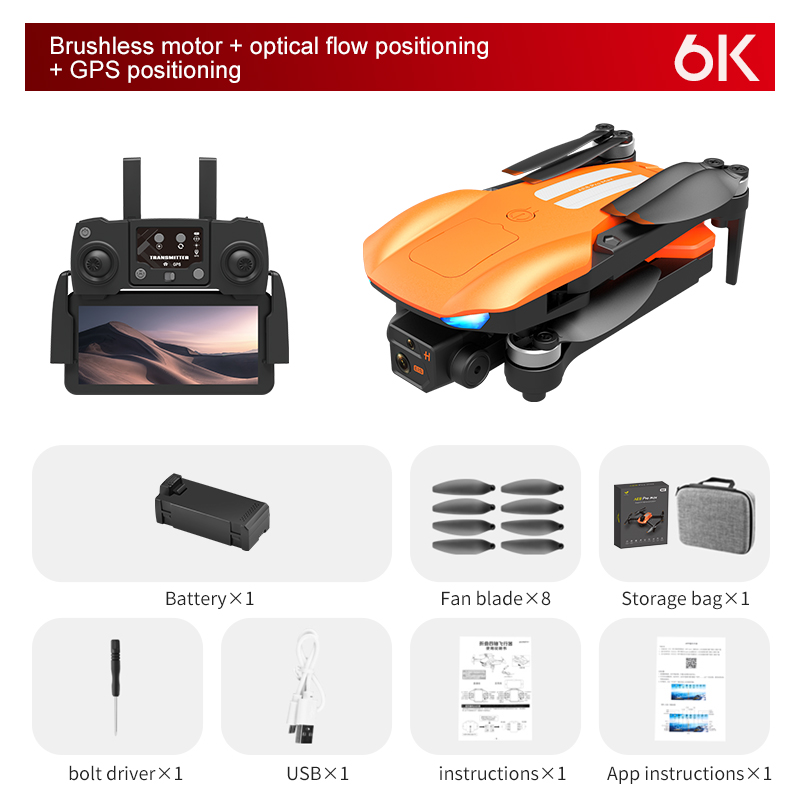 AE8 Pro Max Drone, Brushless motor + optical flow positioning GPS positioning 6K BatteryXl Fan bladeXl USB