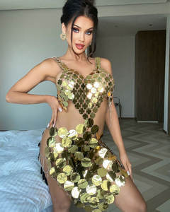 新款身体链服装亮片镂空镜面连衣裙女式晚宴生日礼服舞会名人裸色连衣裙 - Product Image 5