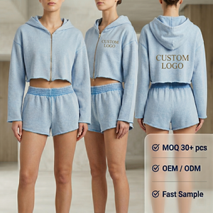 Conjunto de Shorts Casuales para Mujer, Sudadera Corta con Cierre Frontal, Cintura Alta, Teñido Liso, <span class=keywords><strong>Dos</strong></span> Piezas, Atuendo Informal para Primavera/Verano, Proveedor OEM - Product Image 1