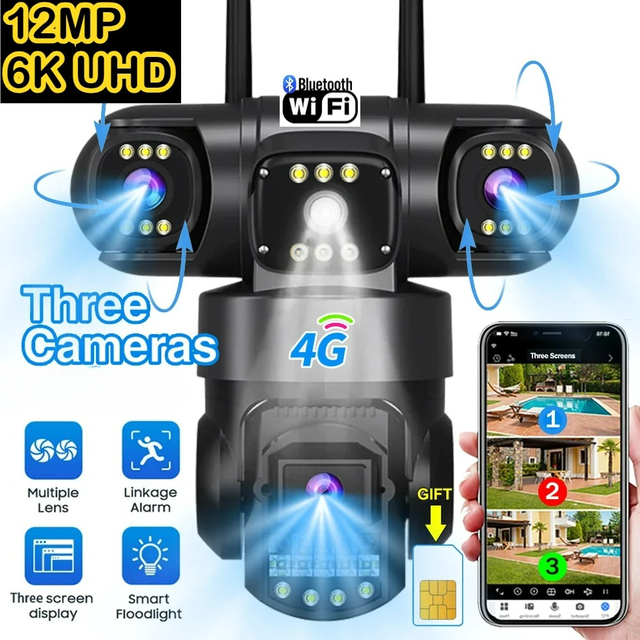 12MP CMOS WiFi Security Camera 3 Screens Outdoor Waterproof Two-Way Audio Color Night Vision AI Auto Tracking V380PRO 1 Year