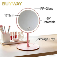 Miroir de maquillage LED rond avec plateau de rangement, variateur de luminosité continu, capteur tactile, pour bureau de dortoir et chambre à coucher sans désordre