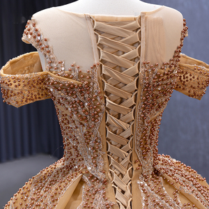 Jancember 231055 Vintage Golden Off Shoulder Fruncido Perlas Vestidos de fiesta de noche - Product Image 6