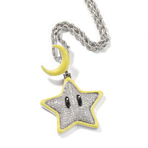 Collier pendentif étoile lumineuse de dessin animé créatif avec zircon cubique glacé brillant, pendentif lune fluorescent <span class=keywords><strong>BaiI</strong></span> Hiphop, chaîne de pendentif - Product Image 5