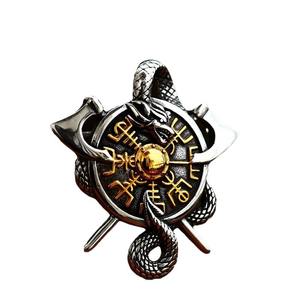 Liontin Viking kapak Nordik Modern, liontin Stainless Steel kompas Nordik Naga untuk pria - Product Image 2