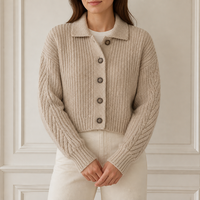 Cardigan en tricot épais personnalisé pour femme, col polo, beige avoine, boutonné, usine OEM ODM