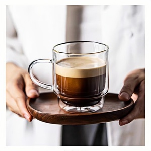 Mug en verre cristal à <span class=keywords><strong>double</strong></span> <span class=keywords><strong>paroi</strong></span> avec poignée - Isolation thermique Assiette en bois assortie Style victorien Motif de Noël pour café/thé - Product Image 6