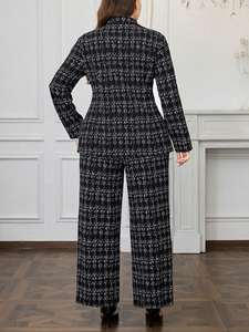 Completo Elegante da Donna a Righe Bianche e Nere, 2 Pezzi, Pantaloni a Gamba Larga, Giacca Monopetto, Set Professionale a Quadri - Product Image 2