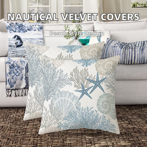 Fundas de Almohada Náuticas Costeras de 18x18 Pulgadas, Tejidas en Terciopelo, 100% Algodón, Lavables, Portátiles, con Estampado Floral de Playa, Modernas, para Hotel, 2 Piezas - Product Image 2