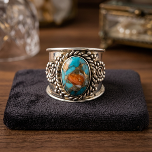 Iroc Sales Bague de mariage bohème en argent sterling avec pierre précieuse ovale turquoise sertie clos, faite à la main, aspect antique, type manchette - Product Image 3