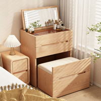 Coiffeuse moderne en bois massif pliable avec rangement dissimulé, miroir LED et coffre-fort, idéale pour chambre et salle de bain