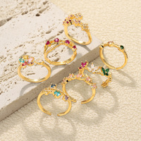 6 Model Cincin Zirkonia Kubik Warna-warni untuk Wanita, Lapisan Emas, Geometris, Kupu-kupu, Bunga, Cincin Jari Wanita, Perhiasan, Cincin Terbuka