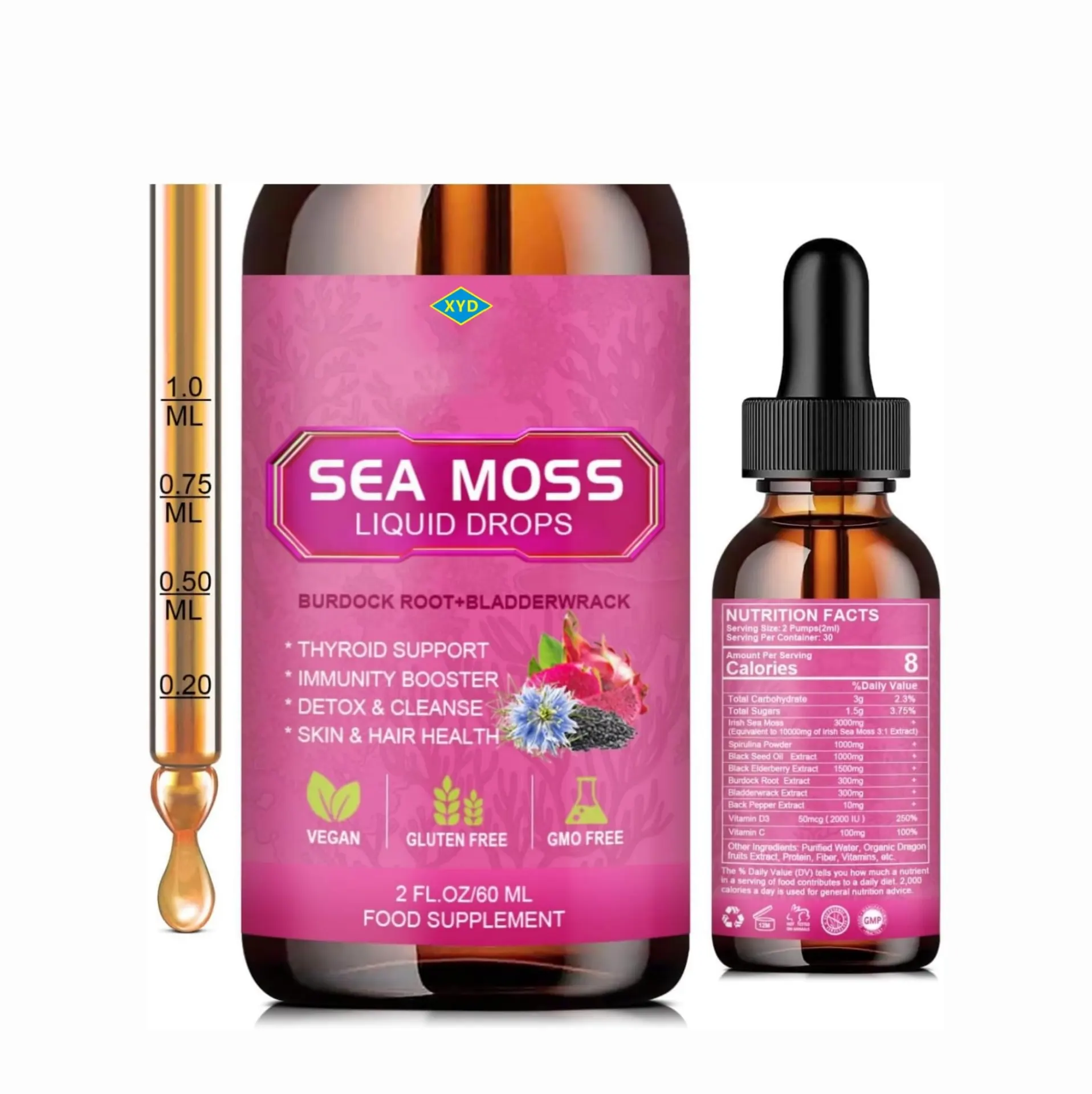 Private Label OEM Vegan Organic Sea Moss Drops Vitamin Sea moss Liquid Drops Irish Sea Moss Weight Loss Detox Cleanse Drops