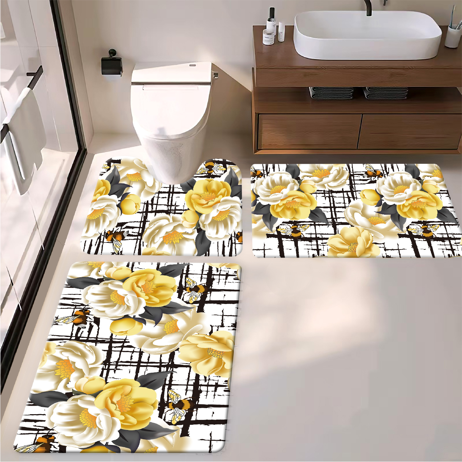 Imprimé floral rétro jaune pivoine et abeille