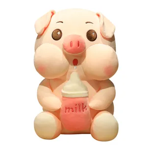 Büyük gözler 40cm pembe domuz süt şişesi ile doldurulmuş oyuncak yastık özel sevimli büyük domuz peluş oyuncak