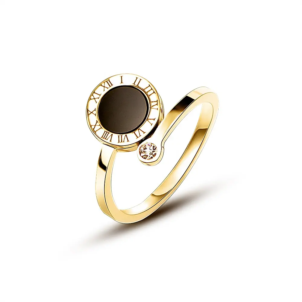 316l edelstahl neueste goldene römische ziffern ring design für damen eingebrachter diamant damen offener einstellbarer ring