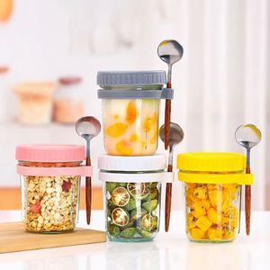 Portable Eco-Friendly Glass Kitchen Storage Jar with Spoon Lid Cover for Overnight Oats Fruit Salad <b>Breakfast</b> Cereal (300ml) - Product Image 5