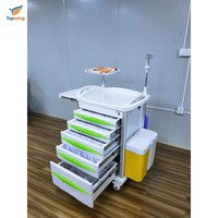 Carrito de Emergencia Médico Moderno para Hospital, 5 Cajones, 3x3 Divisores, Carrito de Enfermería de Plástico, Soporte para Suero, Estante para Desfibrilador, UCI, ER