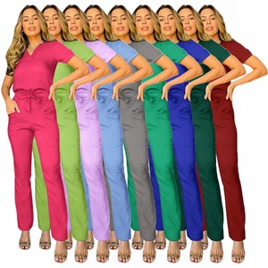 HZMNOI Women's Scrubs Jumpsuit Short Sleeve V Neck Drawstring Waist Hospital Dental Nurse Uniforms Pants Set - Product Image 4