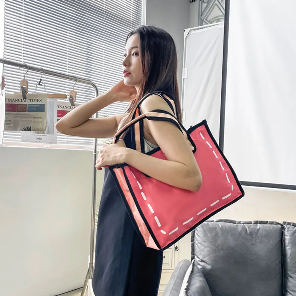 Tas tangan wanita model Korea, tas tangan wanita komik gaya lompat 3D, tas belanja gambar 2D, tas Tote kartun, tas tangan untuk wanita