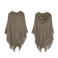 Pull d'hiver surdimensionné RTS pour femmes, couleur unie, poncho à capuche en tricot, cape en crochet, franges, châle enveloppant en cachemire