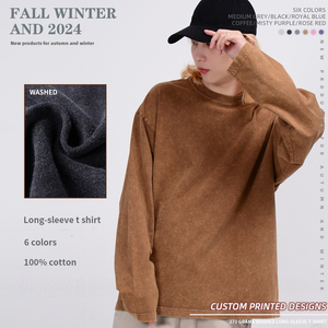 Camisetas de Manga Larga Unisex, 100% Algodón, Tejidas, con Logotipo Personalizado, Lavadas con Ácido, Estilo Vintage, Transpirables, al por Mayor - Product Image 3