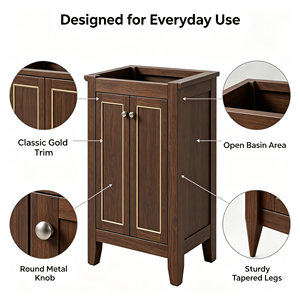Dark Solid Wood <b>Rustic</b> Bathroom Vanity <b>Cabinet</b> Gold Trim Floor Standing Rectangular Design Sturdy Tapered Legs Mirror Included 2 - Product Image 1