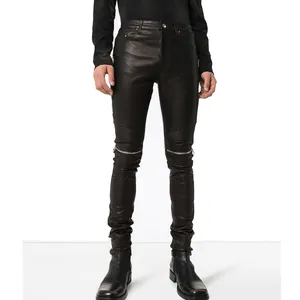 Factory Cheap Price Punk Club Pants Men Zip Biker Jeans Leather Jeans In Black