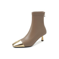 Eleganti Stivali in Vera Pelle di Vacchetta per Donne, Stivali da Donna alla Moda con Punta Quadrata in Metallo Dorato e Tacco Alto Sottile