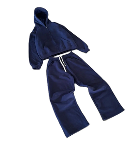 Alta calidad personalizado algodón francés Terry Hoddie Oversized Boxy Fit Cropped Baggy Zip up sudaderas con capucha y pantalones de chándal Jogger Set hombres - Product Image 1