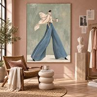 Peinture sur toile élégante de femme, pantalon large bleu, café, style de vie, art mural pour boutique, hôtel, café, bureau, décoration