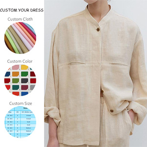 Custom Wholesale Casual Loose Solid Stand Collar Long Sleeve Buttons Pockets Tops White 100% Pure <strong>Linen</strong> Shirts <strong>Blouses</strong> <strong>for</strong> <strong>Women</strong> - Product Image 2