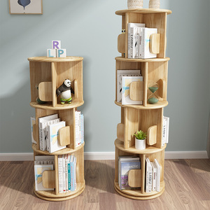 Modern 360 Rotating <b>Solid</b> <b>Wood</b> Bookshelf with 5 Tiers, Space Saving Circular <b>Bookcase</b> for Small Apartment, Minimalist Furniture - Product Image 3