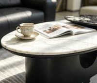 Set Meja Kopi Marmer Modern dengan Bagian Atas Kaca Tempered dan Rangka Logam Hitam Dekorasi Furnitur Ruang Tamu Kontemporer