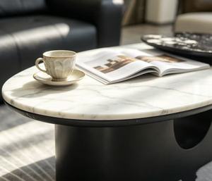 Modern Marble <b>Coffee</b> <b>Table</b> Set <b>Round</b> Black Metal Frame Contemporary Living Room Furniture Decorative Design - Product Image 2